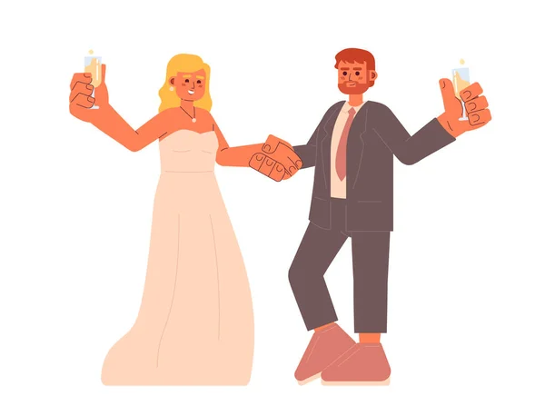 結婚記念日を祝うハッピーカップル半フラットカラフルなベクトル文字 シャンパンの乾杯 編集可能な全身白の人々 ウェブグラフィックデザインのためのシンプルな漫画のスポットイラスト — ストックベクタ