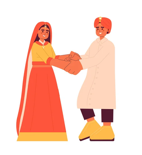 印度新娘和新郎接受半平面彩色矢量字符 南亚传统服饰 可编辑的全身白种人 用于网页平面设计的简单卡通画 — 图库矢量图片