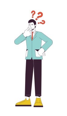 Beyin fırtınası yapan ofis çalışanı düz çizgi konsept nokta çizimi çizimi. Düşünen adam sorusu web kullanıcısı tasarımı için beyaz üzerine 2D çizgi film ana hatlı karakter. Düzenlenebilir renkli kahraman imajı