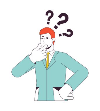 Beyaz yakalı işçi düz çizgi konsept nokta çizimi üzerinde beyin fırtınası yapıyor. Ofis çalışanı 2D çizgi film karakteri web UI tasarımı için beyaz üzerine ana hatlı karakter. Kurgulanabilir strateji renkli kahraman imajı