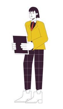 Düz çizgili vektör çizgisi çizimi olan kadın bir ofis çalışanı. Resmi olarak kadın, web-UI tasarımı için beyaz üzerine 2D çizgi film ana hatlı karakter giyer. Düzenlenebilir renkli kahraman imajı