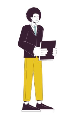 Afrikalı Amerikalı çalışan elinde düz çizgili vektör çizelgesi tutuyor. Business inessperson, web UI tasarımı için beyaz üzerine 2D çizgi film ana hatları çiziyor. Düzenlenebilir renkli kahraman imajı