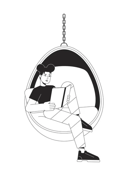 Teen Girl Reading Book Hanging Chair Flat Line Μαύρο Λευκό — Διανυσματικό Αρχείο