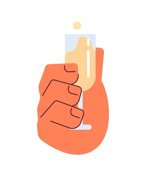 白种人的手拿着晶莹的酒和半扁平的彩色矢量手敬酒 香槟饮料 可编辑的Pov特写剪贴画在白色上 用于网页平面设计的简单卡通画 — 图库矢量图片