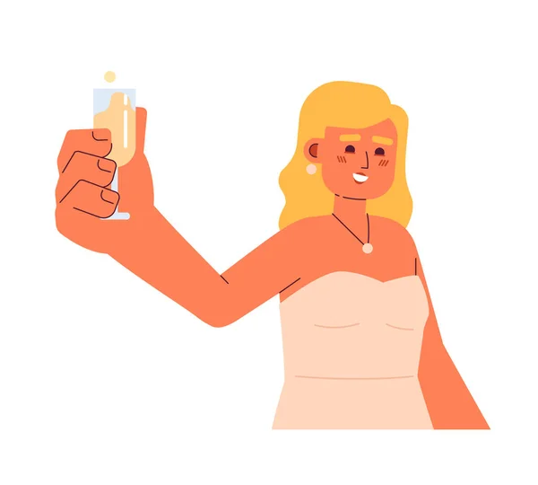 ヨーロッパの若い女性は スパークリングワイン半フラットカラフルなベクトル文字をトースト イブニングドレスの女性 編集可能な全身白の人 ウェブグラフィックデザインのためのシンプルな漫画のスポットイラスト — ストックベクタ