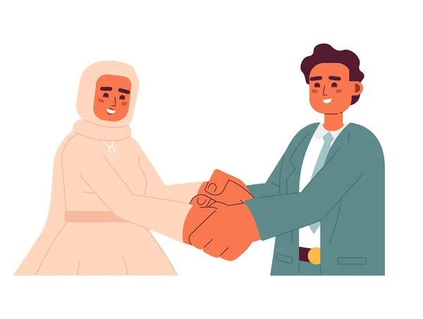 イスラム教徒の結婚式のカップルの手を半フラットカラフルなベクトル文字を保持 花嫁のヒジャーブの女性と新郎 編集可能な白人の半分の体の人々 ウェブグラフィックデザインのためのシンプルな漫画のスポットイラスト — ストックベクタ
