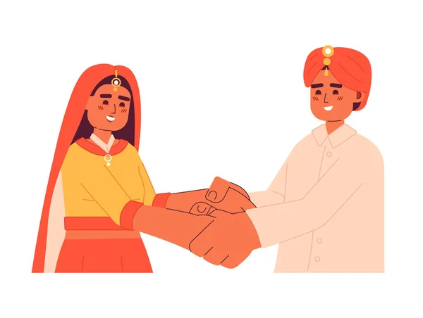 Hindu Düğün Çifti Ele Tutuşurken Yarı Düz Renkli Vektör Karakterler — Stok Vektör