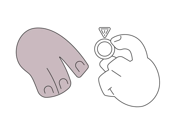 Interracial Marriage Monochromatic Flat Vector Hands Put Diamond Ring Finger — Stock Vector