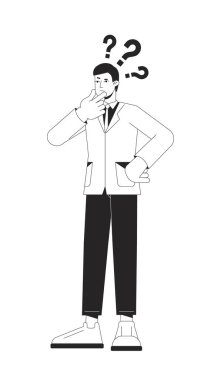 Beyin fırtınası yapan ofis çalışanı konsept vektör nokta çizimi. Düşünen adam sorusu web UI tasarımı için 2D düz çizgi tek renkli karakter işareti. Düzenlenebilir izole edilmiş kahraman görüntüsü