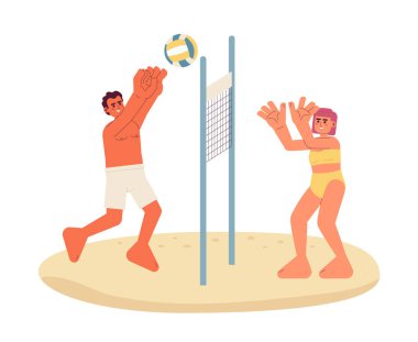 Plaj voleybolu düz vektör nokta çizimi. Mayolu adam ve kadın web UI tasarımı için beyaz üzerine 2D çizgi film karakterlerinin üzerinde topla oynuyorlar. Yaz oyunu düzenlenebilir yaratıcı kahraman imajını izole etti