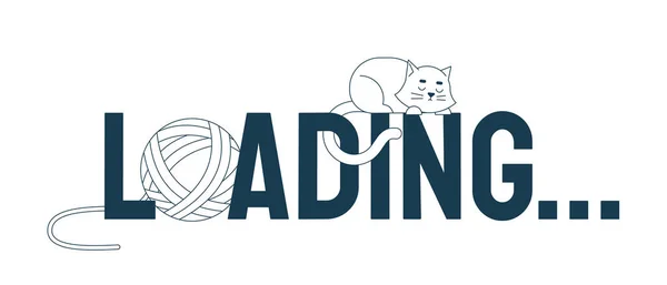Sleeping Kitten Yarn Ball Monochrome Loading Text Web Loader Flat — Stock Vector