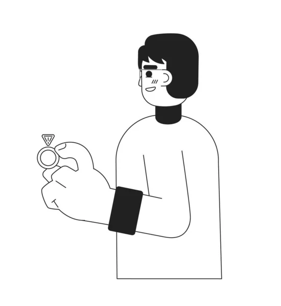 Ασιάτης Νεαρός Που Κρατάει Διαμαντένιο Δαχτυλίδι Μονοχρωματικού Επίπεδου Διανυσματικού Χαρακτήρα — Διανυσματικό Αρχείο