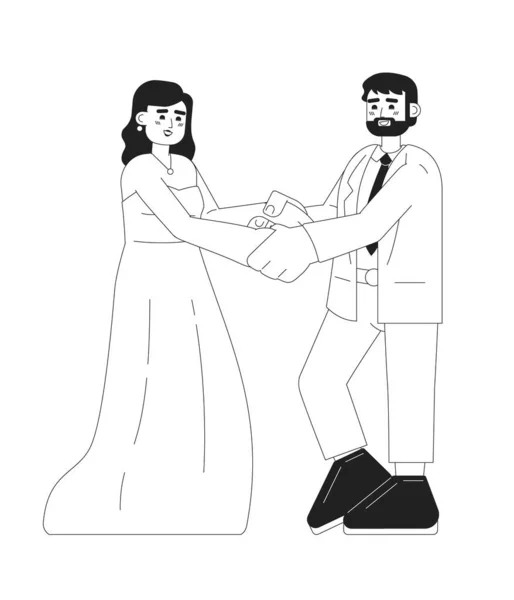 美国婚礼新娘和新郎的单色平面矢量字符 夫妻双方都穿着传统服装 可编辑行全身白种人 用于网页平面设计的简单的Bw卡通点图像 — 图库矢量图片
