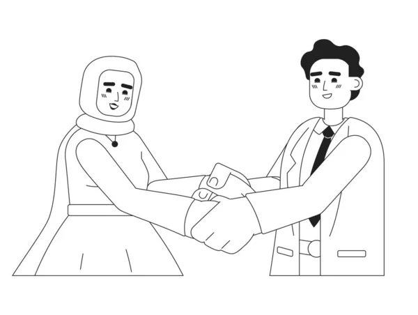 Μουσουλμανικό Ζευγάρι Που Κρατάει Χέρια Μονοχρωματικούς Επίπεδους Διανυσματικούς Χαρακτήρες Νυφική — Διανυσματικό Αρχείο