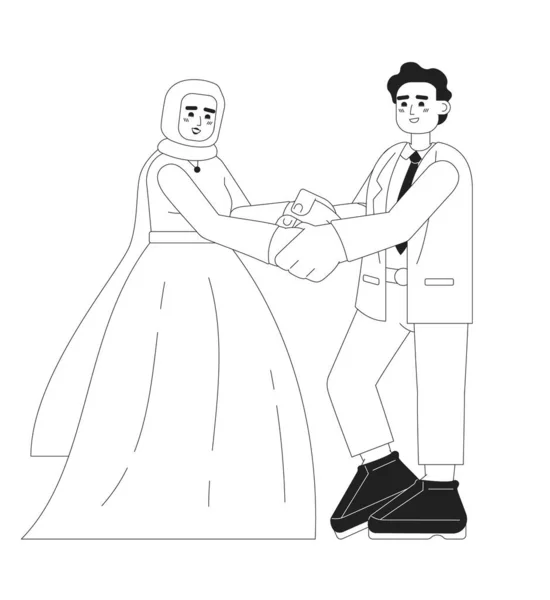 ムスリムの花嫁と新郎のレセプションは単色のフラットベクトル文字 ヒジャーブとブライダルレヘンガの女性 編集可能な行のフルボディの人々白 ウェブグラフィックデザインのためのシンプルなBw漫画のスポット画像 — ストックベクタ