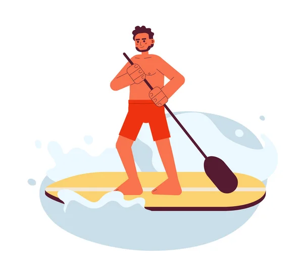 Indien Paddleboard Homme Sur Lac Plat Vecteur Spot Illustration Guy — Image vectorielle