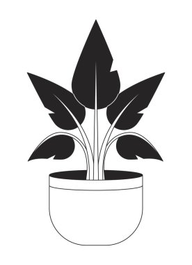 Çiçekli, düz, tek renkli ev bitkisi yalıtılmış vektör nesnesi. Oturma odasının içindeki ev bitkisi. Düzenlenebilir siyah beyaz çizim. Web grafik tasarımı için basit ana hatlı nokta çizimi