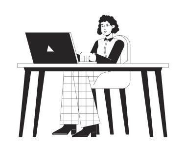 Düz dizüstü bilgisayarlı, siyah beyaz vektör karakterli bir ofis çalışanı masada oturuyor. Düzenlenebilir ana hatları beyaz üzerine tam vücut çalışanı. Web grafik tasarımı için basit karikatür izole nokta çizimi