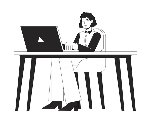 ノートパソコンのフラットラインブラックホワイトベクトル文字と机の上に座っている女性オフィスワーカー 編集可能なアウトライン白いフルボディの人 ウェブグラフィックデザインのためのシンプルな漫画の孤立スポットイラスト — ストックベクタ