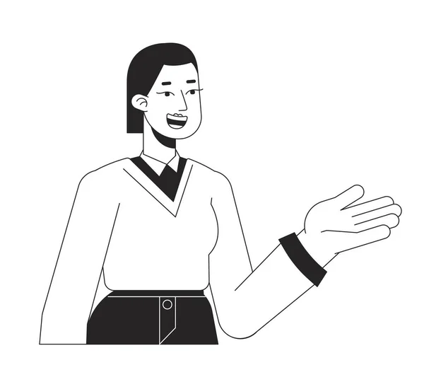 Female Tutor Explaining Smile Flat Line Black White Vector Character — Stock Vector