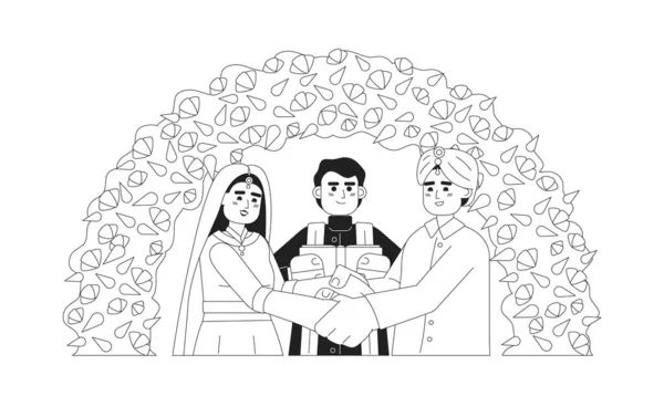 Oração Indiana Oficiando Noivo Noiva Casamento Hindu Monocromático Caracteres Vetores — Vetor de Stock