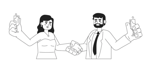 Pareja Caucásica Celebrando Aniversario Matrimonio Monocromáticos Personajes Vectores Planos Champán — Vector de stock