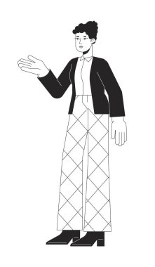 Kadın müdür yardımcısı düz çizgili siyah beyaz vektör karakterini işaret ediyor. Düzenlenebilir ana hatları beyaz üzerine tam vücut çalışanı. Web grafik tasarımı için izole edilmiş basit çizgi film çizimi