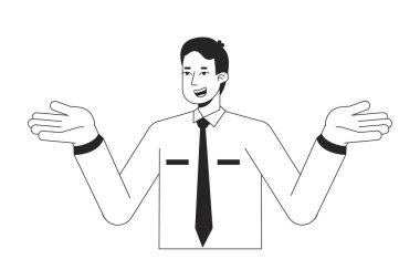 Ofisteki adam düz çizgi siyah beyaz vektör karakteriyle omuz silkiyor. Düzenlenebilir, yarı insan yarı insan yarı beyaz. Web grafik tasarımı için basit karikatür izole nokta çizimi