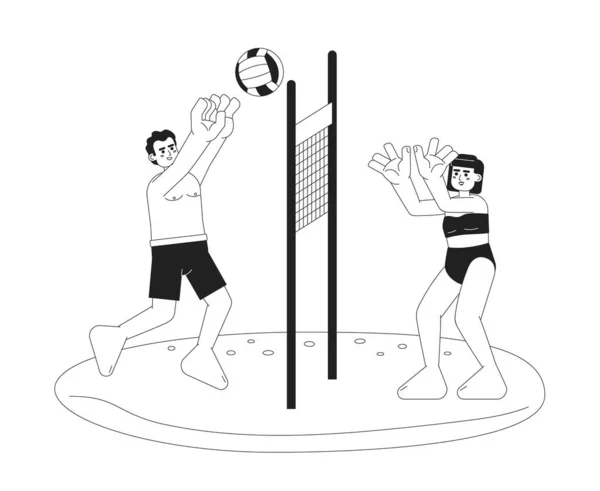 Illustration Vectorielle Monochrome Volleyball Plage Homme Femme Maillot Bain Jouant — Image vectorielle