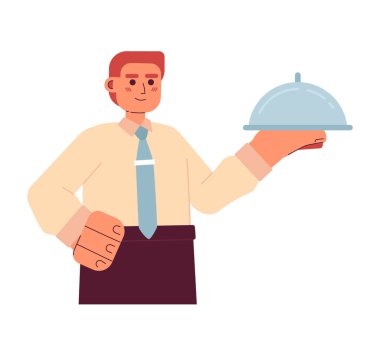 Tabak yarı düz renkli vektör karakterli garson. Kurgulanabilir yarı beyaz tenli, beyaz tenli. Web grafik tasarımı için basit karikatür nokta çizimi