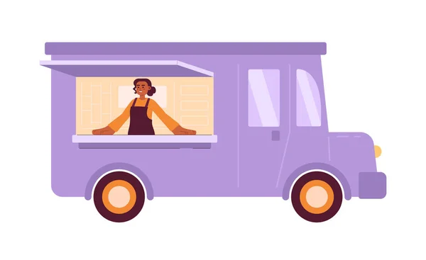 Happy Girl Food Truck Semi Flat Colorful Vector Character Editable — Stock Vector
