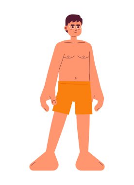 Mayo giyen Asyalı gözlüklü adam yarı düz renkli vektör karakter. Yüzme havuzu. Beyazın üzerinde tüm vücudu düzenleyebilen insan. Web grafik tasarımı için basit karikatür nokta çizimi