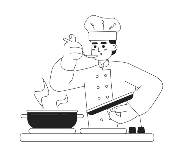 男性シェフ単色フラットベクトル文字 白いスプーンで料理を試してシェフの帽子の編集可能な細い線の半体の男 ウェブグラフィックデザインのためのシンプルなBw漫画のスポット画像 — ストックベクタ