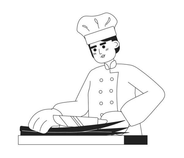 Chef Masculin Préparer Des Aliments Monochromatique Vecteur Plat Caractère Ligne — Image vectorielle
