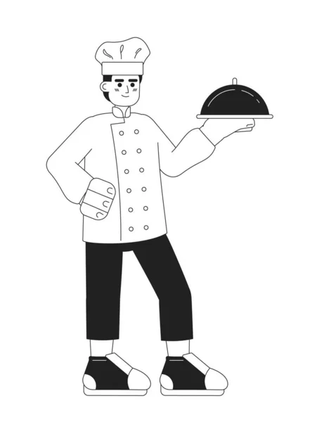 白人男性シェフは 銀トレイ単色フラットベクトル文字で立っています 編集可能なフルボディの男白の食品と ウェブグラフィックデザインのためのシンプルなBw漫画のスポット画像 — ストックベクタ