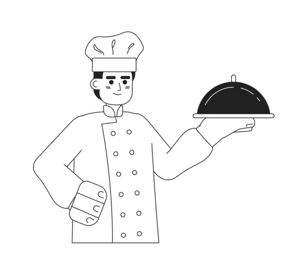 男性シェフは銀のプレート単色フラットベクトル文字を保持しています 編集可能な細い線の半分の体の白い上に食品トレイを持つ若い深刻な男 ウェブグラフィックデザインのためのシンプルなBw漫画のスポット画像 — ストックベクタ