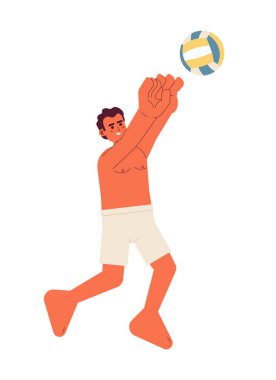 Erkek voleybol oyuncusu yarı düz renkli vektör karakteri. Mayo giymiş Latin bir adam topla zıplıyor. Beyazın üzerinde tüm vücudu düzenleyebilen insan. Web grafik tasarımı için basit karikatür nokta çizimi