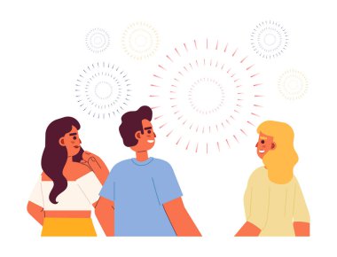 Bağımsızlık Günü havai fişekleri düz vektör nokta çizimi. Web UI tasarımı için beyazın üzerindeki 2D çizgi film karakterleri mutlu ABD vatandaşları. Ulusal bayram kutlamaları düzenlenebilir yaratıcı kahraman imajını izole etti