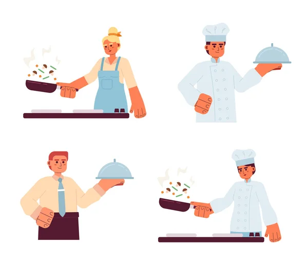 Gente Cocinando Semi Plana Colorido Vector Personajes Conjunto Línea Delgada — Archivo Imágenes Vectoriales