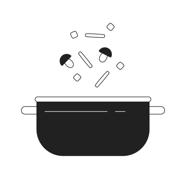 将蔬菜加入盆栽单色平面载体物 切新鲜蘑菇做汤 可编辑的黑白细线图标 用于网页平面设计的简单卡通剪贴画 — 图库矢量图片