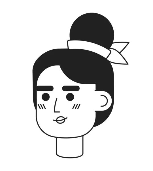 金发女人 发髻型 单色扁平线头 头发上有一条时髦的带子 可编辑的轮廓手绘人脸图标 用于动画的2D卡通点矢量动画插图 — 图库矢量图片