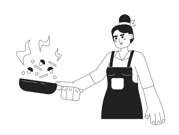金发女子翻滚蔬菜单色扁平矢量特征 可编辑细线半身厨师油炸食品在钢锅上的白色 用于网页平面设计的简单的Bw卡通点图像 — 图库矢量图片