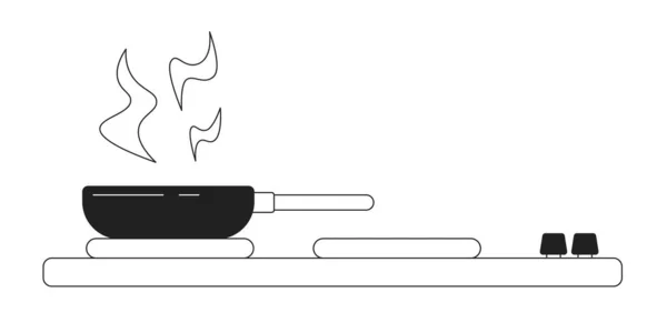 Penggorengan Panci Pada Kompor Dapur Monokrom Objek Vektor Datar Proses - Stok Vektor