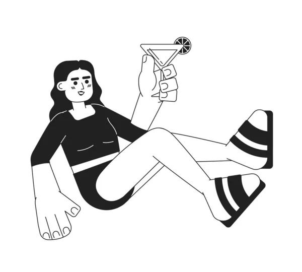 マティーニガラス単色フラットベクトル文字とアラブの女性 ナイトライフ ドリンク 夏の波 編集可能な細い線の全身の人白 ウェブグラフィックデザインのためのシンプルなBw漫画のスポット画像 — ストックベクタ