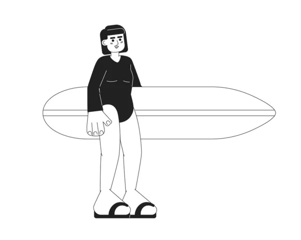 Surfer Κορίτσι Κρατώντας Ιστιοσανίδα Μονοχρωματική Επίπεδη Διάνυσμα Χαρακτήρα Μια Γυναίκα — Διανυσματικό Αρχείο