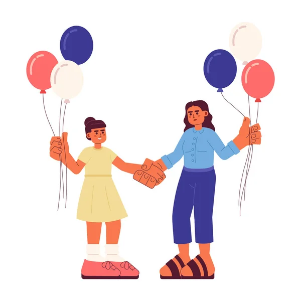 带爱国气球的母女扁平矢量点画 用于Web Ui设计的白色阿拉伯家庭2D卡通人物 独立日孤立可编辑的创意英雄形象 — 图库矢量图片