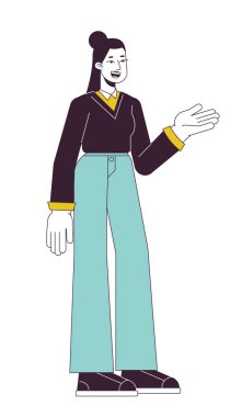 Asyalı kadın danışman düz çizgi renk vektörü karakteri. Satıcı kadın. Düzenlenebilir ana hatları beyaz üzerine tam vücut çalışanı. İş kadınlarına danışmanlık, web grafik tasarımı için basit karikatür nokta çizimi