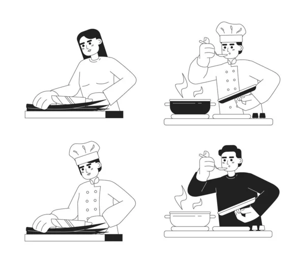 シェフは単色のフラットベクトル文字を調理します 白い上に男性と女性の編集可能な細い線の半分の体 食料の準備だ ウェブグラフィックデザインのためのシンプルなBw漫画のスポット画像パック — ストックベクタ