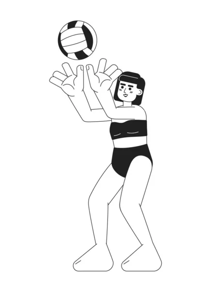 バレーボールの女子選手はバレーボール単色のフラットベクトル文字を渡します 水着女性のビーチ 編集可能な細い線の全身の人白 ウェブグラフィックデザインのためのシンプルなBw漫画のスポット画像 — ストックベクタ