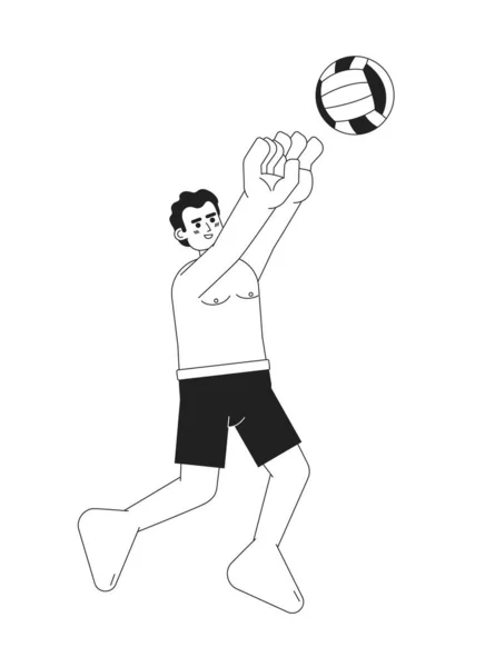 男性バレーボール選手単色フラットベクトル文字スパイク 水着男のボールでジャンプします 編集可能な細い線の全身の人白 ウェブグラフィックデザインのためのシンプルなBw漫画のスポット画像 — ストックベクタ